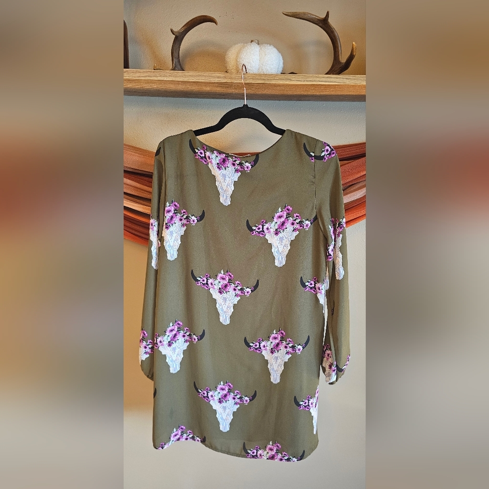 Altar'd State - Olive Green Dress w/ Purple/Pink Floral Skull Print - Picture 2 of 10